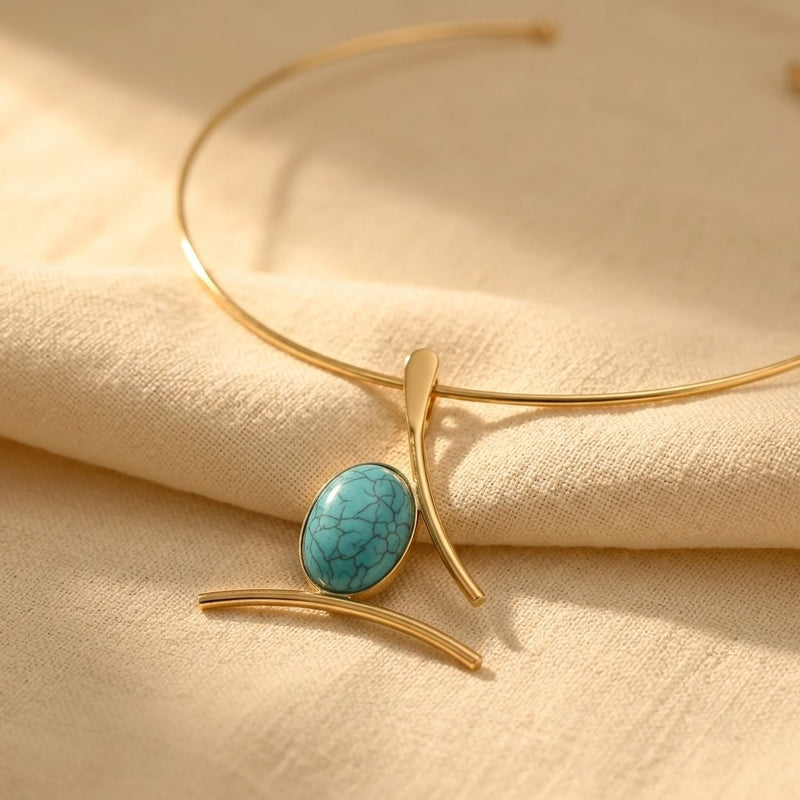 Boho Gold Turquoise Oval Pendant Necklace