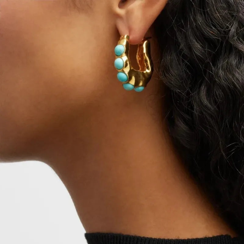 Bold Turquoise Stone Sculpted Hoop Earrings