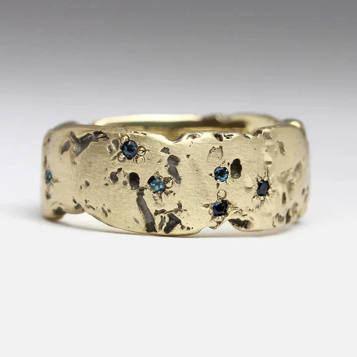 Vintage Golden Forged Ring with Blue Crystal Accents