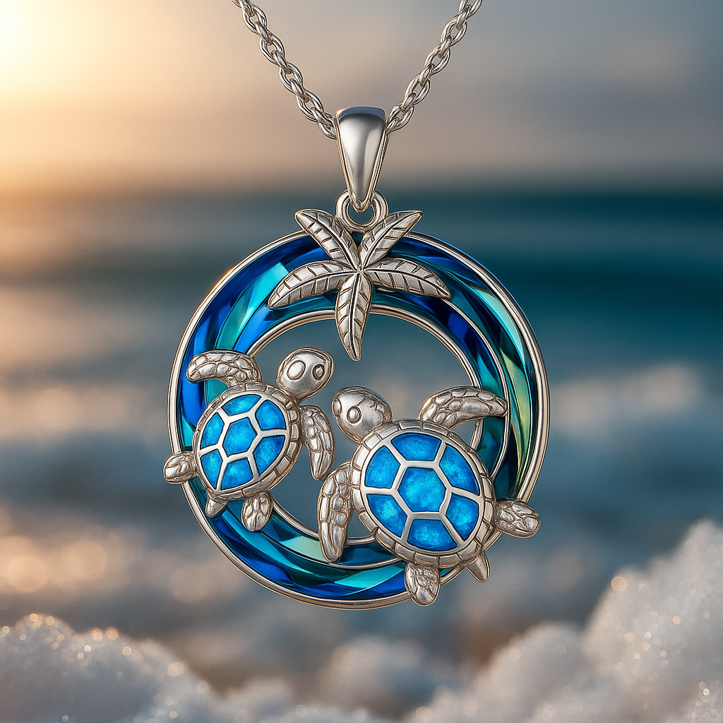 Circle Turtle Necklace with Blue Opal Design