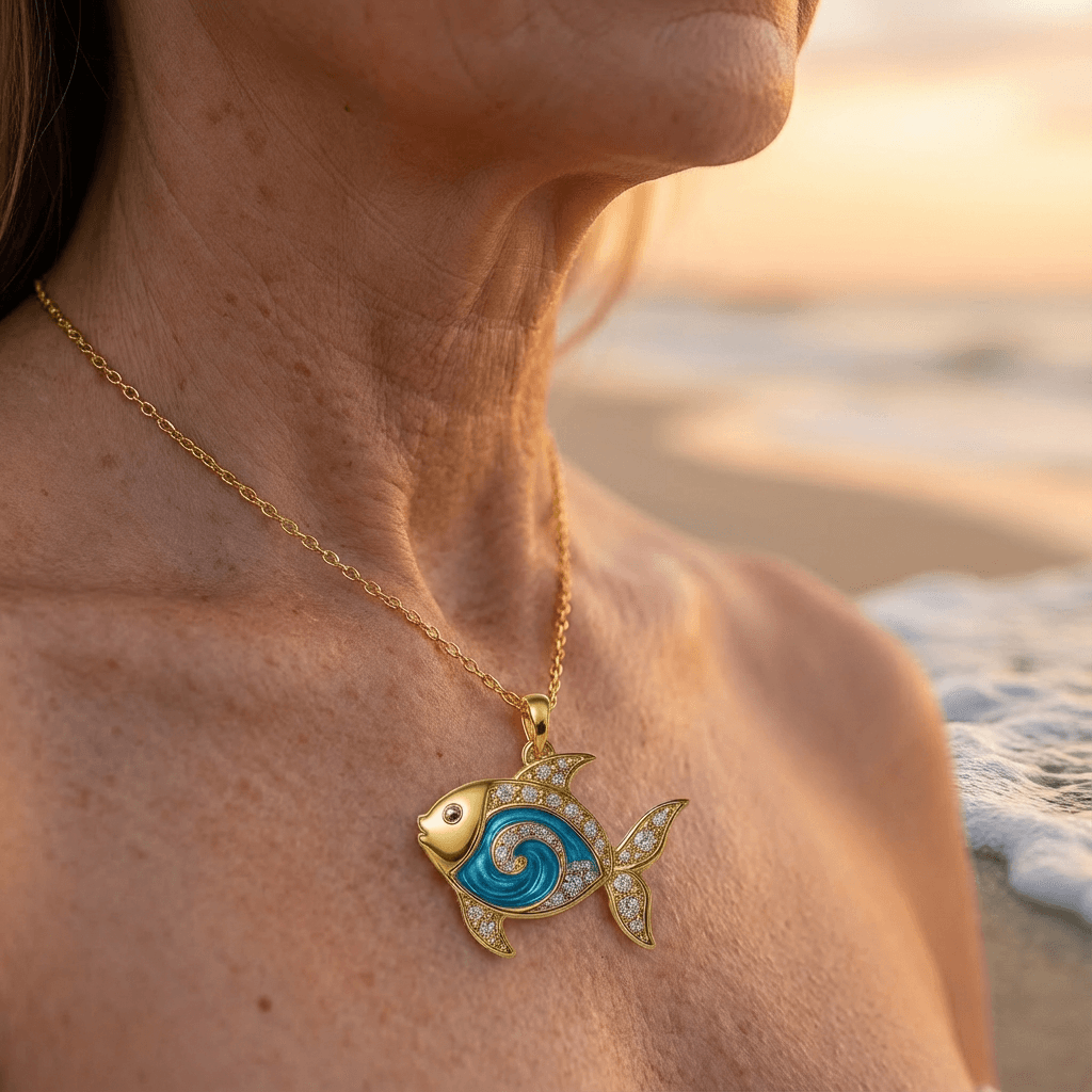 Gold Fish Necklace with Blue Opal & Crystal Details