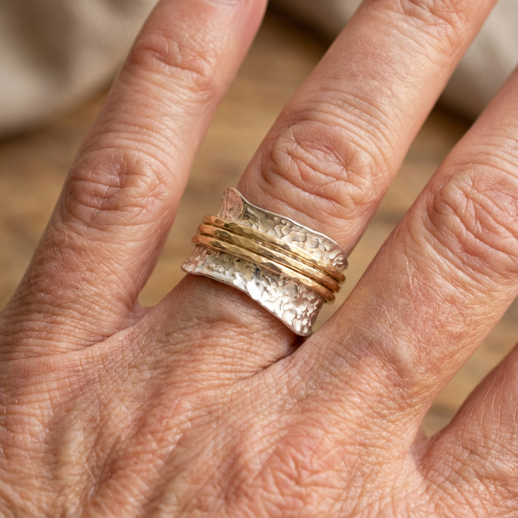Vintage Textured Silver & Gold Band Artisan Ring