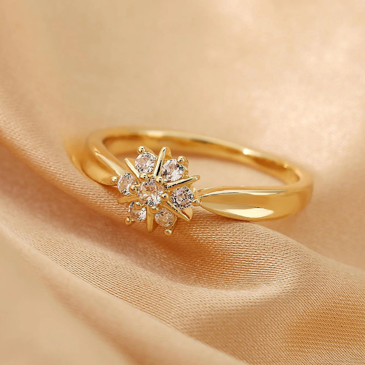 Classic Gold Plated Cubic Zirconia Flower Decor Ring