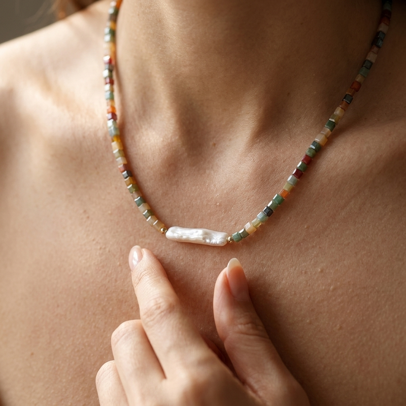 Colorful Natural Stone Square Beaded Necklace