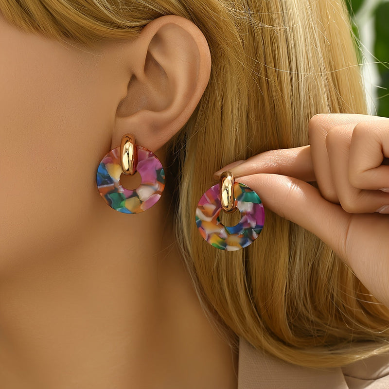 Colorful Resin Disc Statement Earrings with Gold Hoop