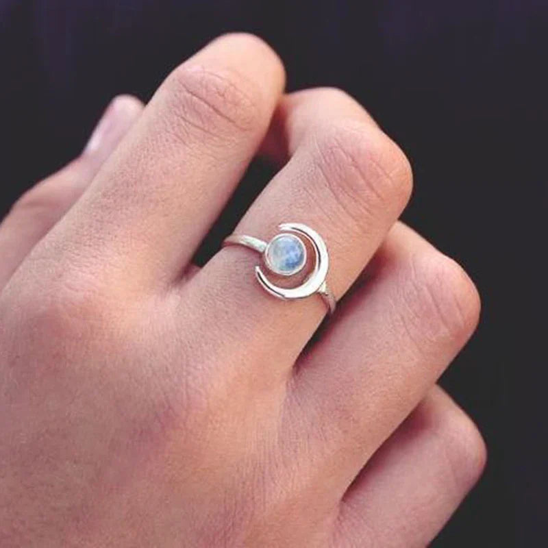 Crescent Moon Silver Moonstone Ring