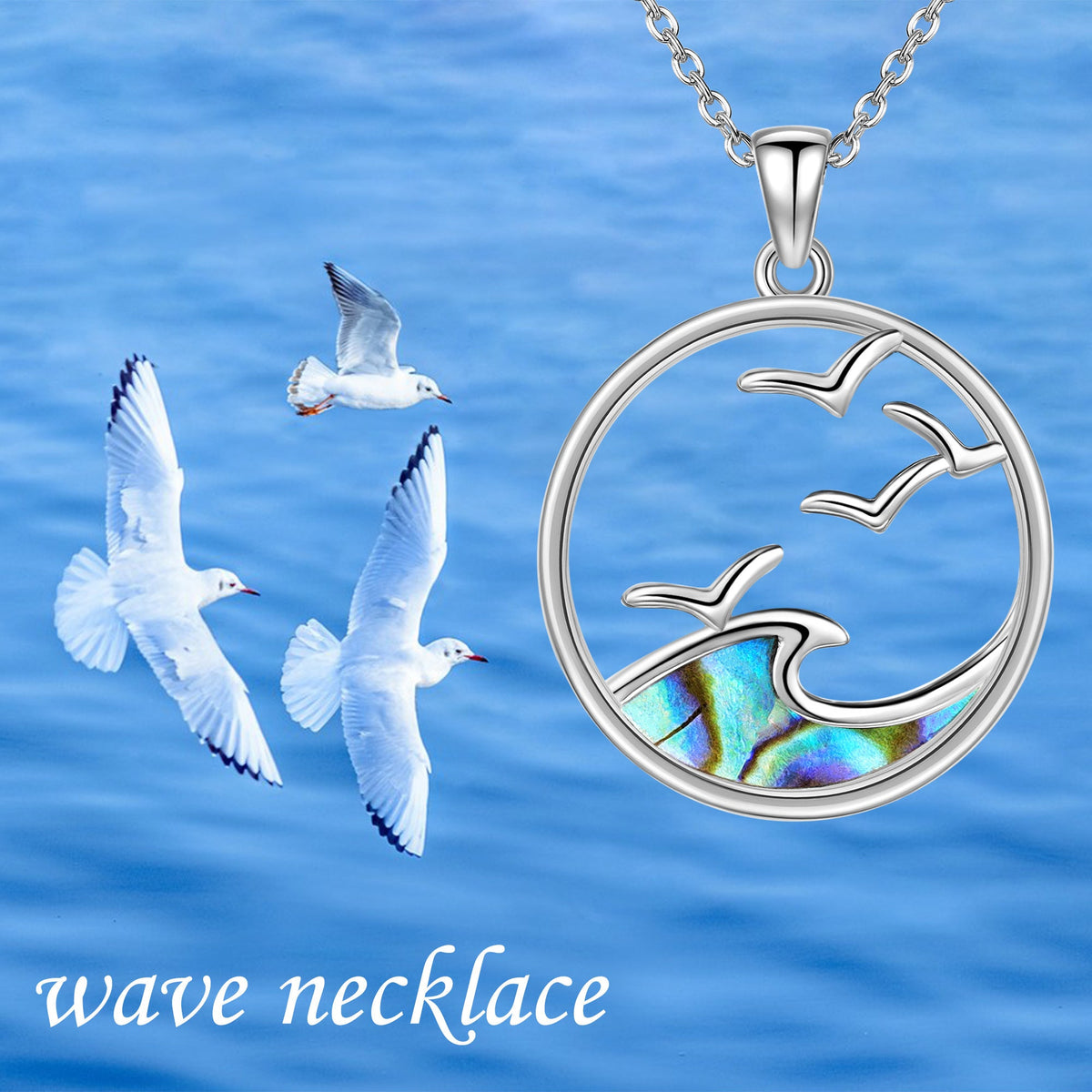 Silver Seagull & Ocean Wave Pendant Necklace