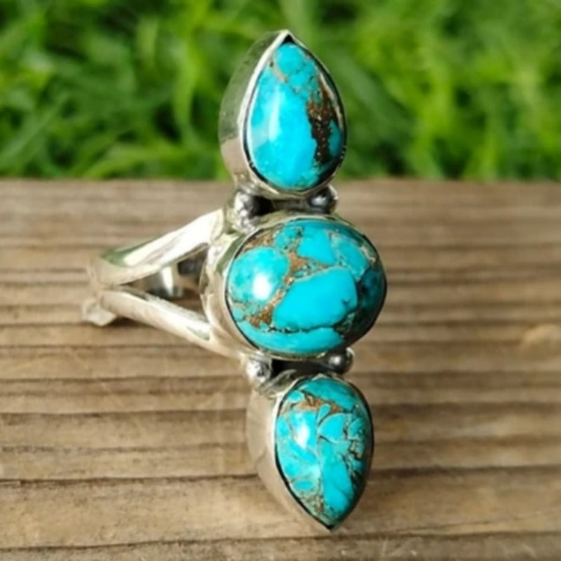 Bohemian Gold White Plated Drop Oval Turquoise Inlaid Ring