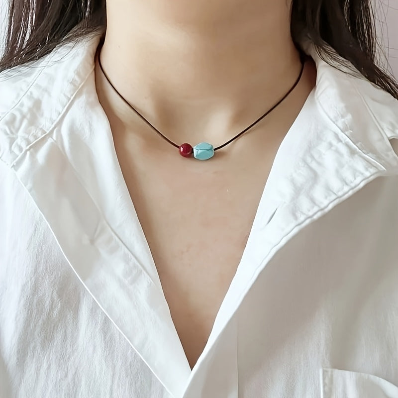 Bohemian Turquoise and Cinnabar Round Beaded Pendant Necklace