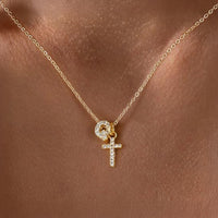 Dainty Diamond Initial & Cross Pendant Necklace