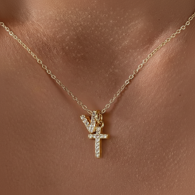 Dainty Diamond Initial & Cross Pendant Necklace