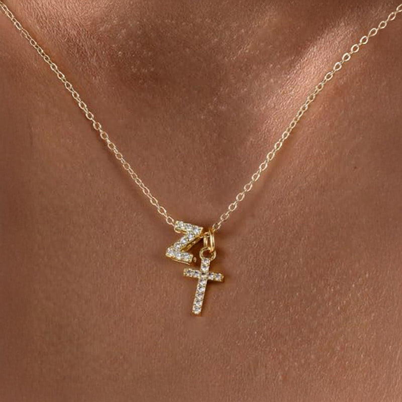 Dainty Diamond Initial & Cross Pendant Necklace