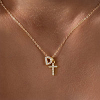 Dainty Diamond Initial & Cross Pendant Necklace