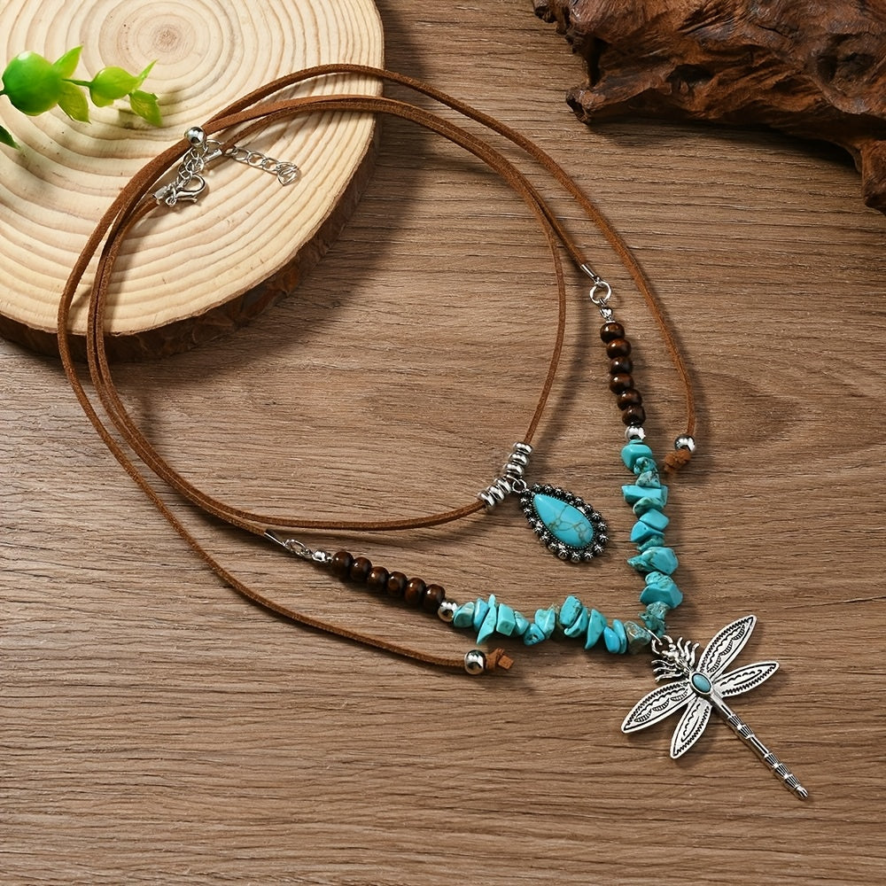 Bohemian Two Piece Turquoise Dragonfly Layered Necklace