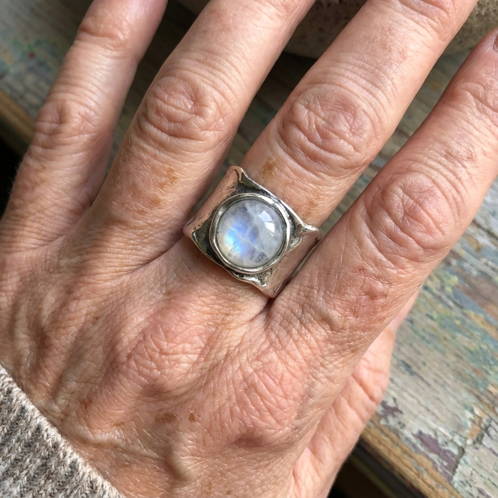 Moonstone Silver Wide Artisan Ring
