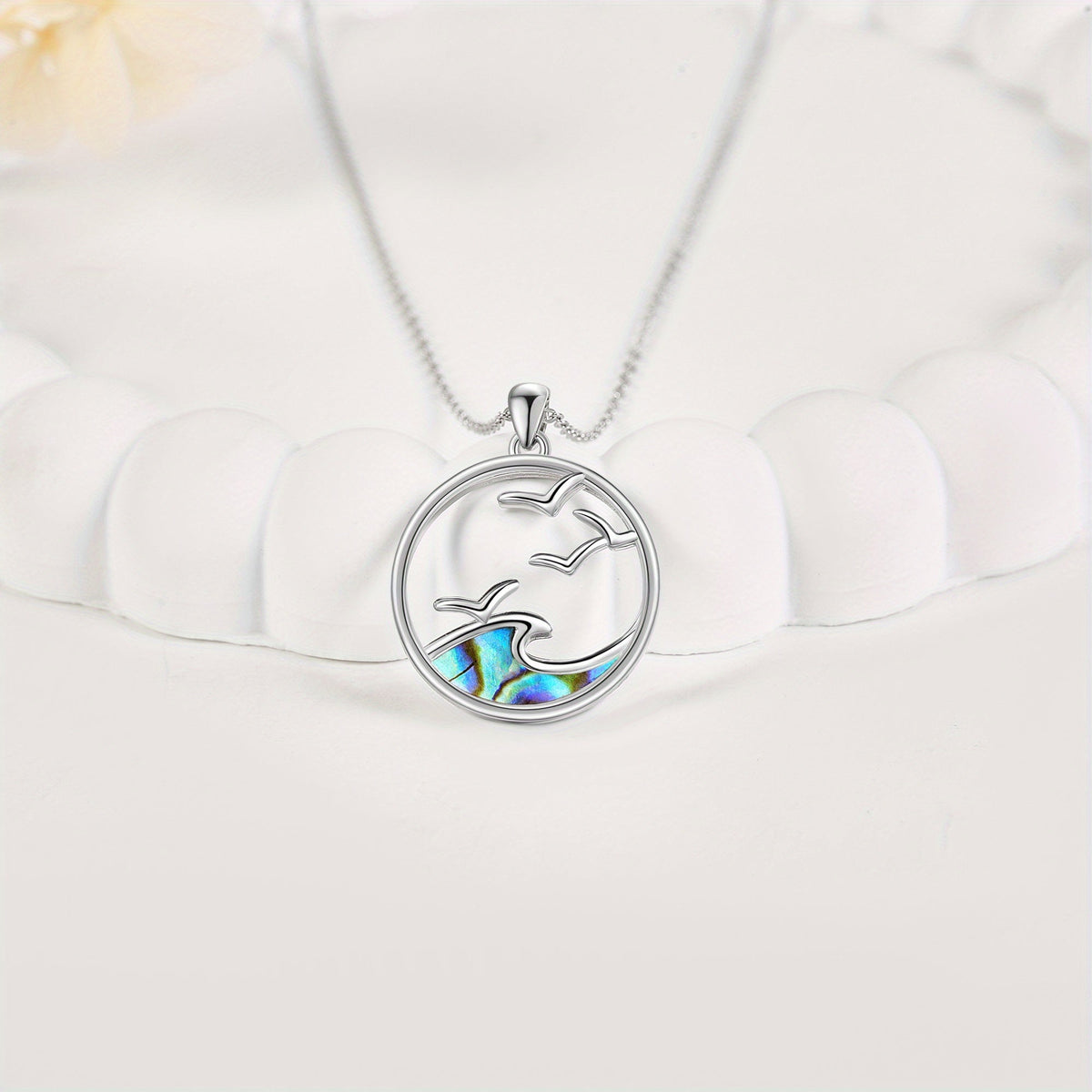Silver Seagull & Ocean Wave Pendant Necklace