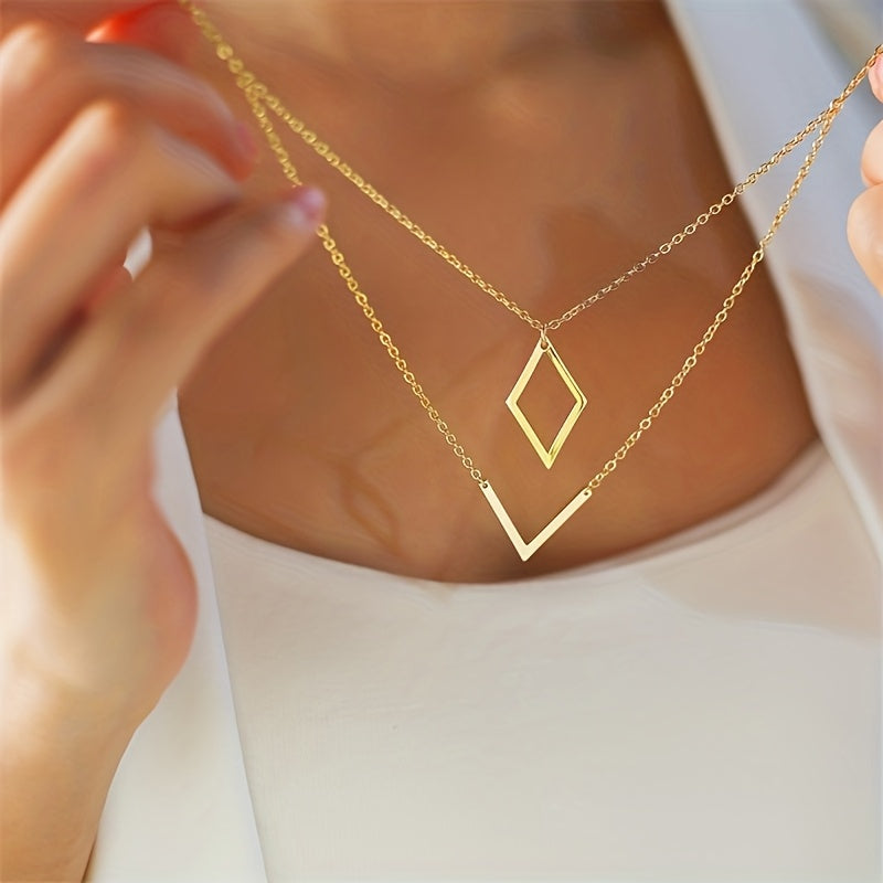 Retro Geometric Design Gold V-Pendant Necklace