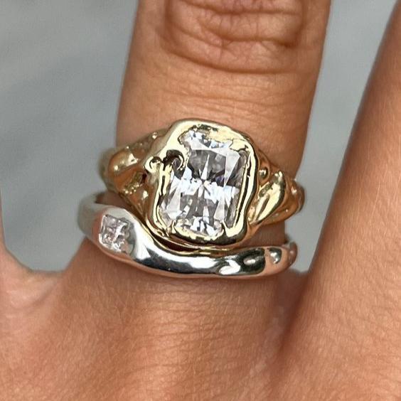 Vintage White Glass Gold & Silver Stacked Ring set