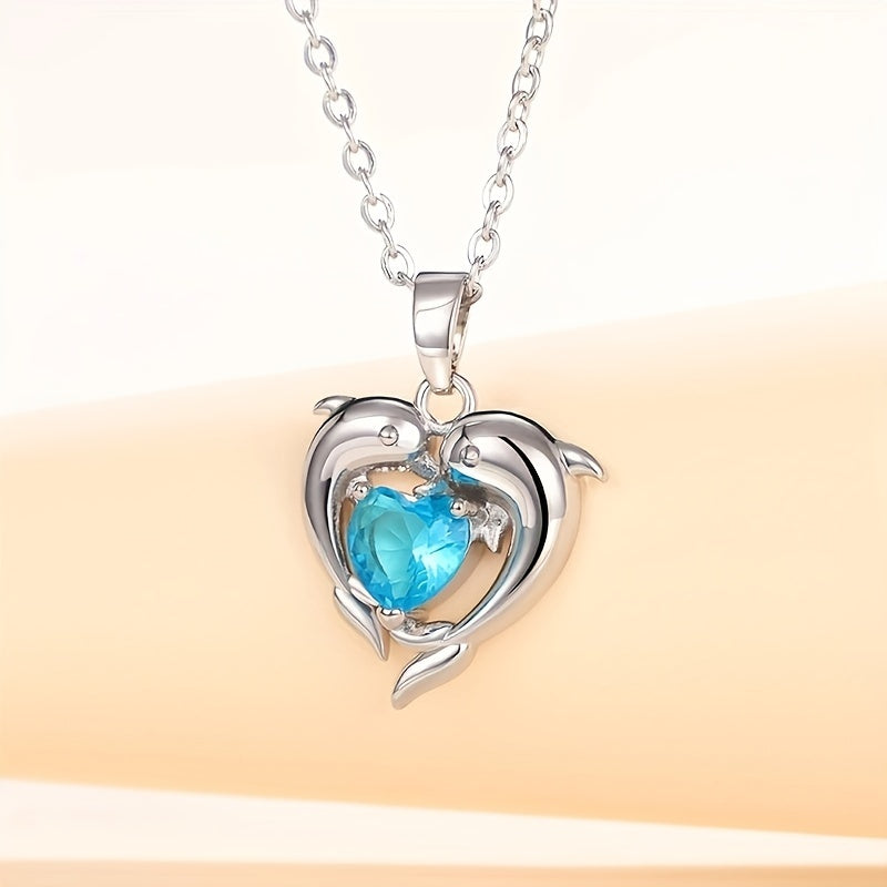 Dolphin Heart Blue Crystal Pendant Necklace