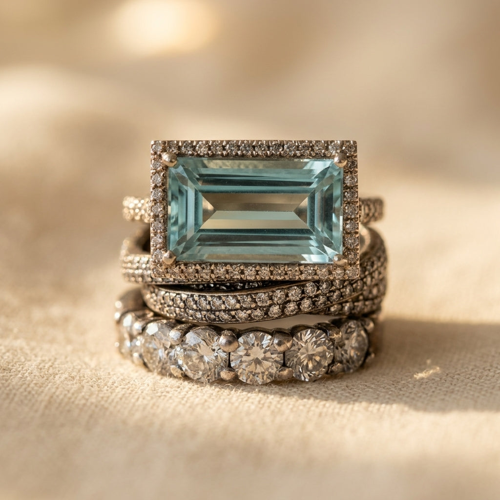 Vintage Silver Turquoise Glass Stackable Ring Set