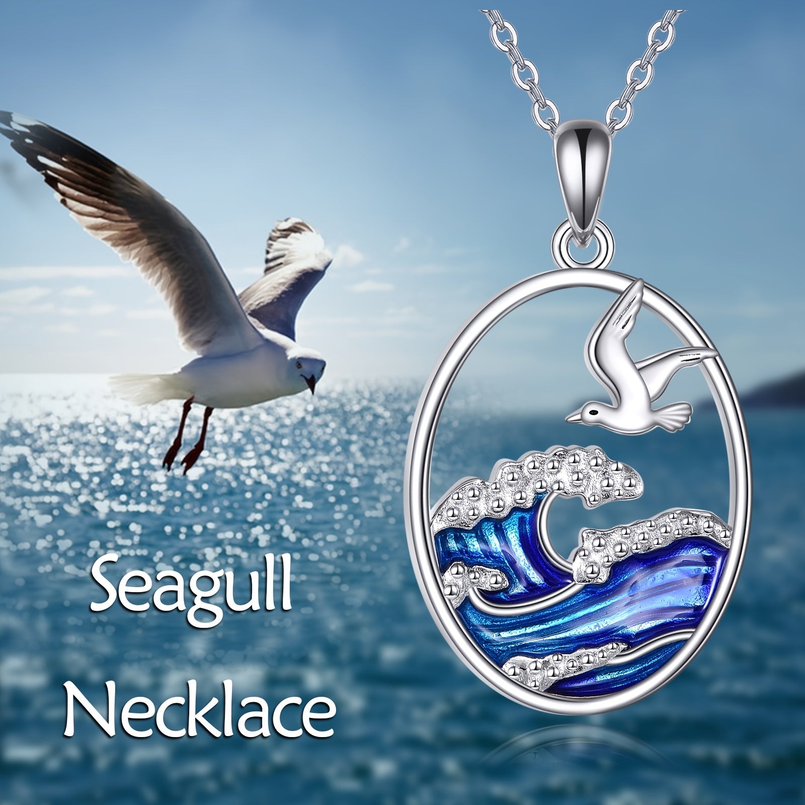 Silver Ocean Wave & Seagull Pendant Necklace