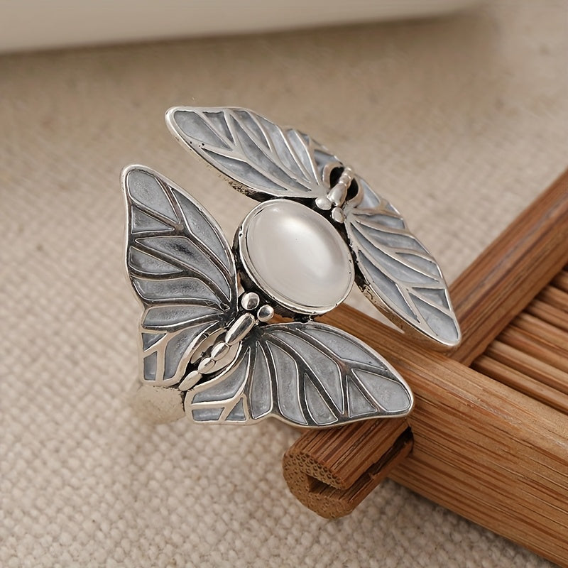Elegant Silver Plated Butterfly Oval Moonstone Ring