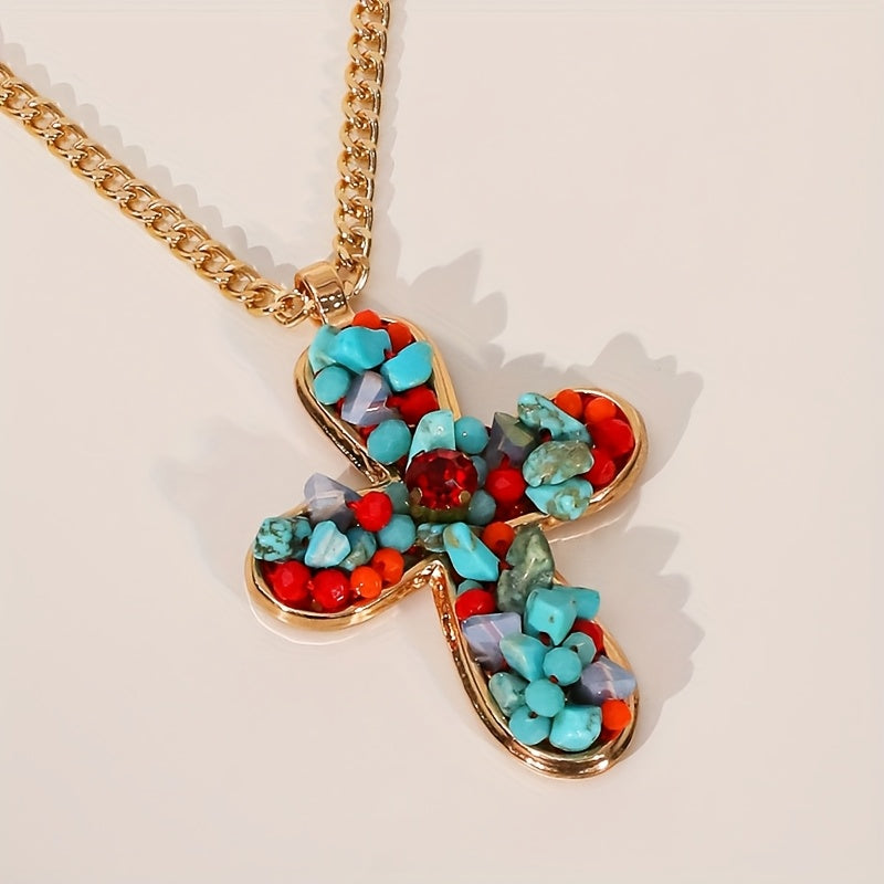 Bohemian Vibrant Colorful Turquoise Cross Pendant Necklace
