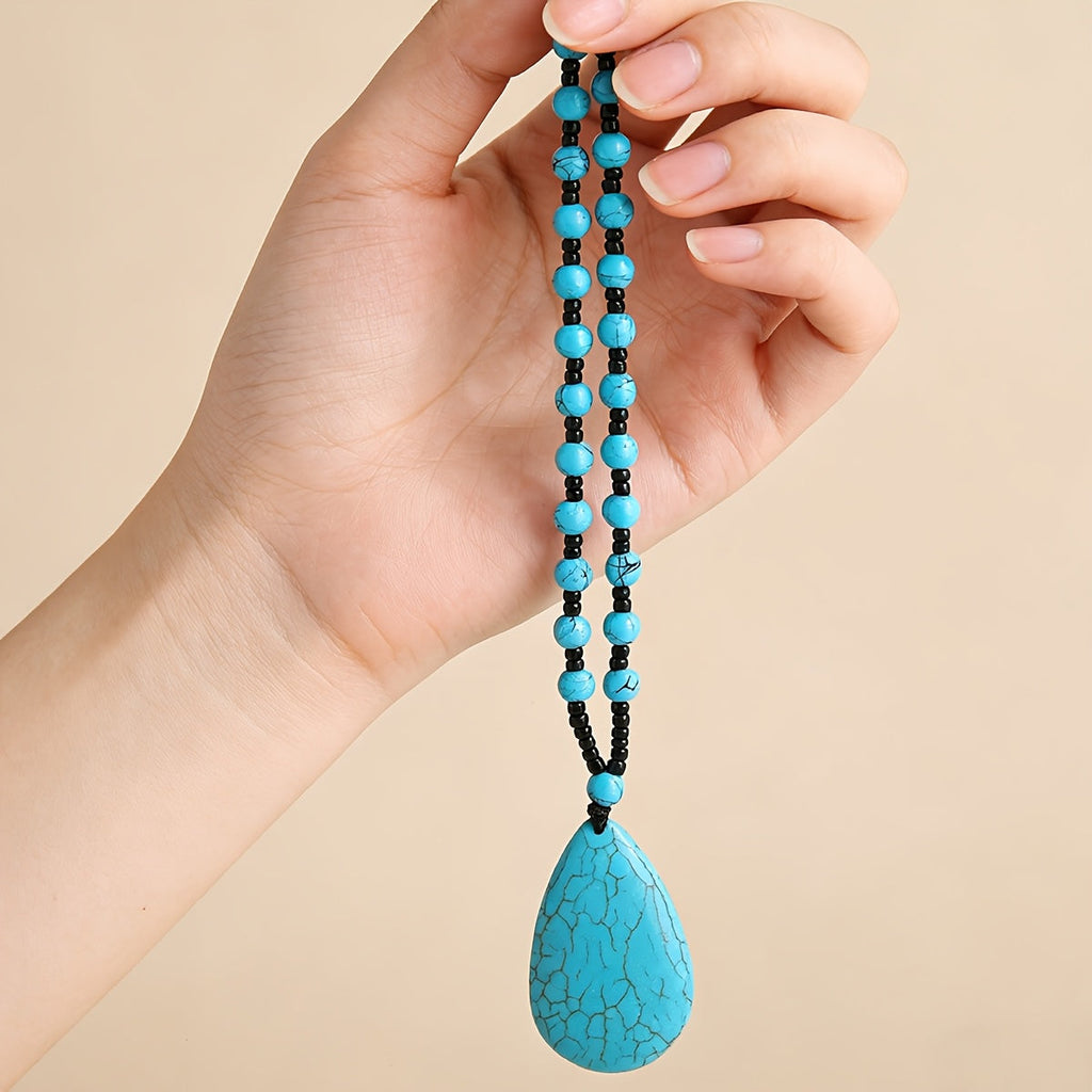 Bohemian Turquoise Beaded Large Teardrop Pendant Necklace