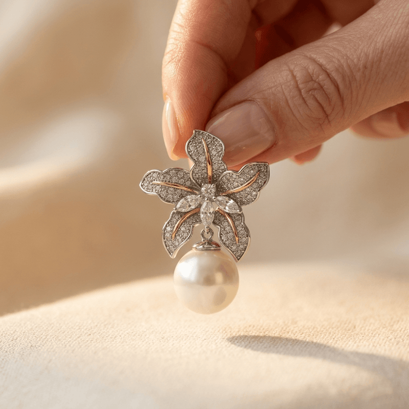 Elegant Flower Pearl Silver Drop Earrings