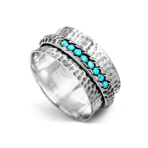 Elegant Hammered Silver Plated Turquoise Spinner Ring