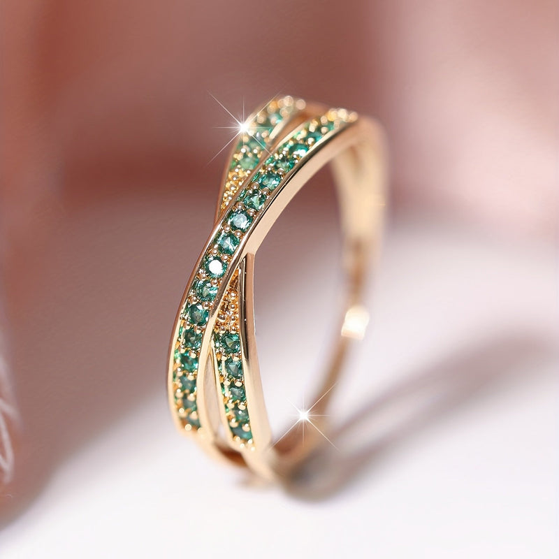 Elegant Minimalist Crossover Twisted Gold Plated Zirconia Ring