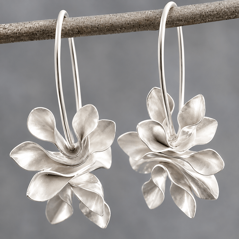 Elegant Silver Floral Hoop Drop Earrings