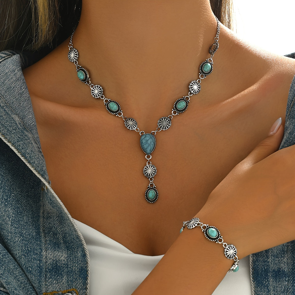 Bohemian Turquoise & Silver Floral Necklace and Bracelet Set