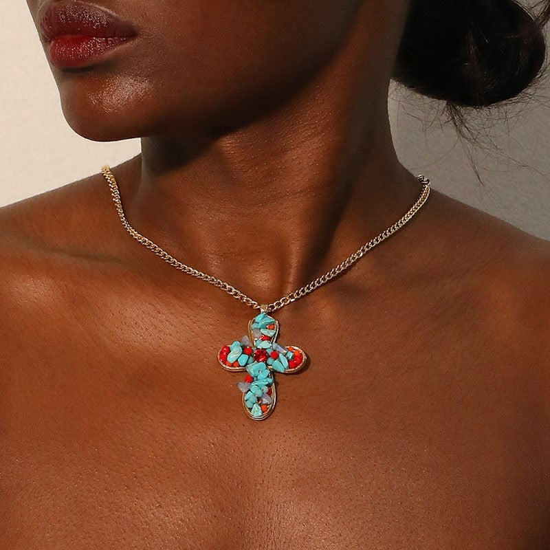 Bohemian Vibrant Colorful Turquoise Cross Pendant Necklace