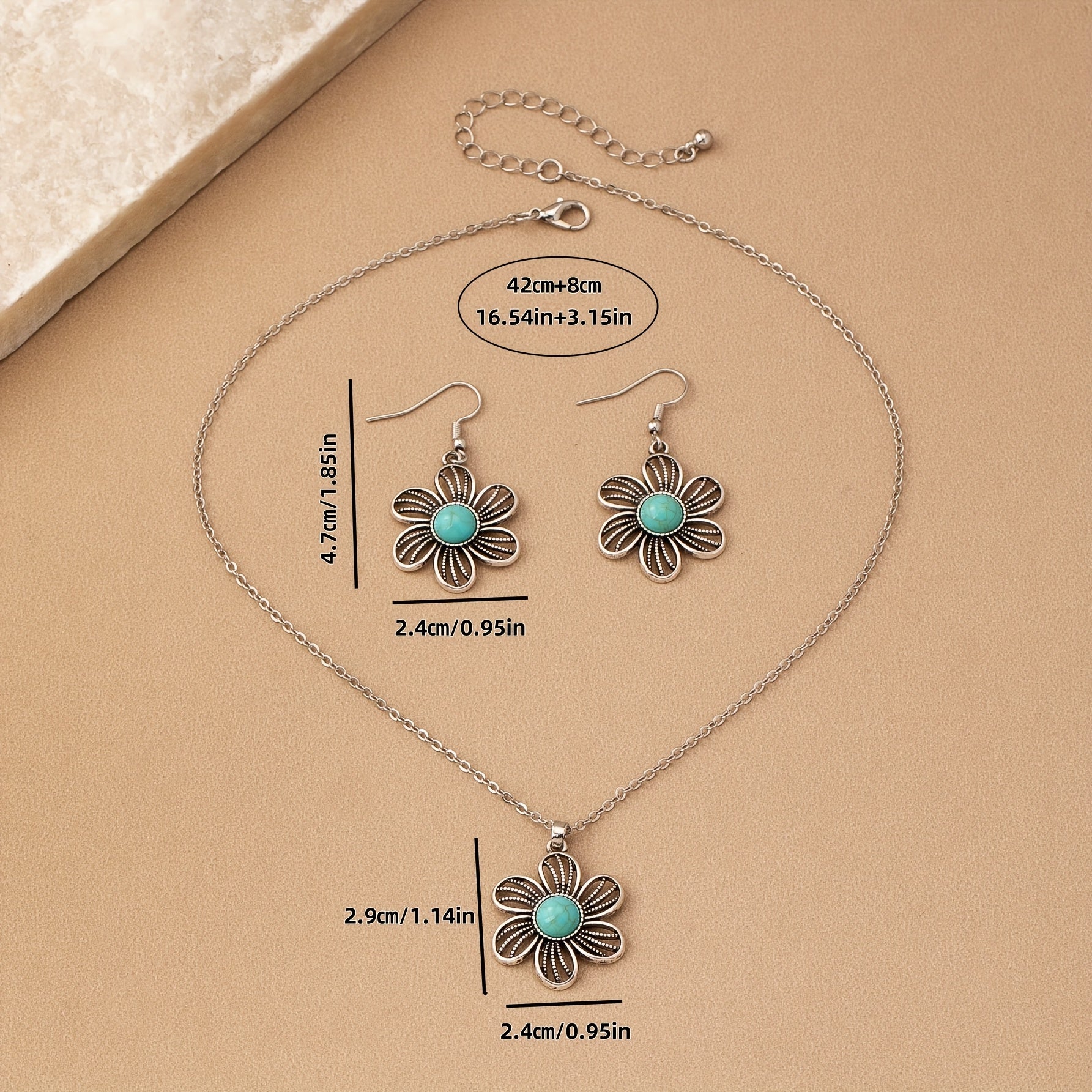 Vintage Boho Turquoise Flower Earrings Necklace Jewelry Set