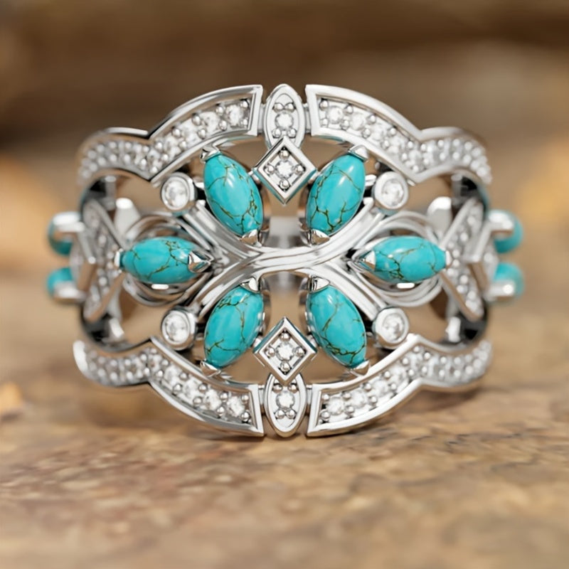 Bohemian Retro Art&nbsp;Turquoise & Crystal Statement Ring