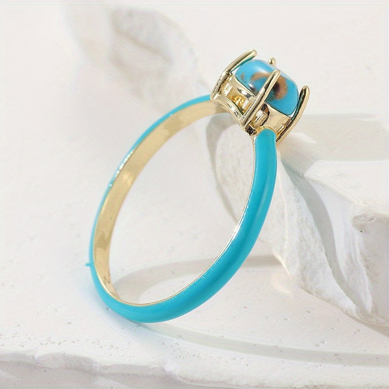 Vintage Enameled Geometric Oval Turquoise Gold Plated Ring