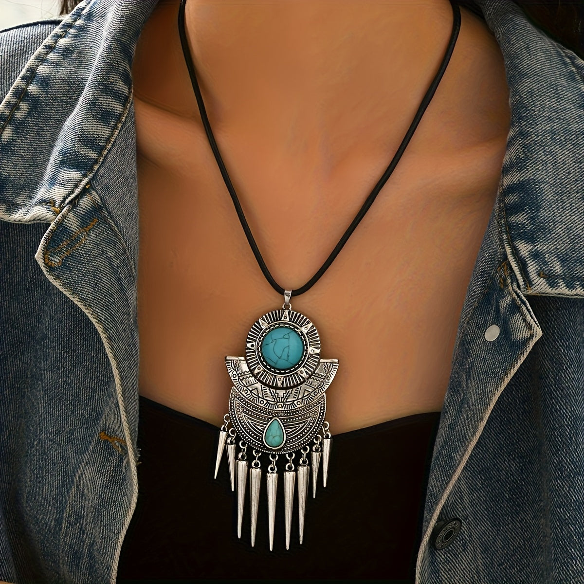 Bohemian Spike Tassel Design Turquoise Pendant Necklace