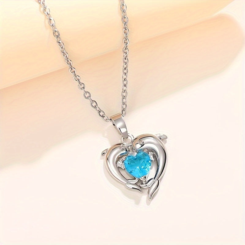Dolphin Heart Blue Crystal Pendant Necklace