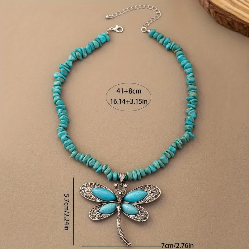 Vintage Boho Turquoise Beaded Dragonfly Pendant Necklace