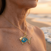 Gold Fish Necklace with Blue Opal & Crystal Details