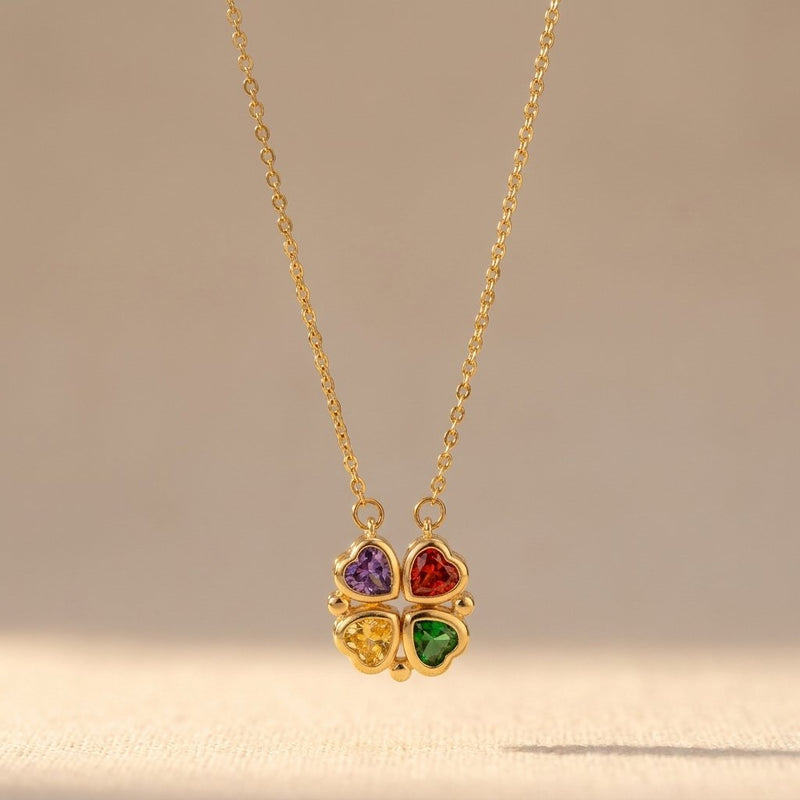 Gold Four Heart Gemstone Charm Necklace