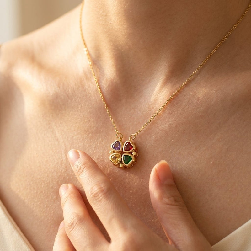Gold Four Heart Gemstone Charm Necklace