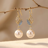 Gold Leaf Pearl Drop Dangle Earrings