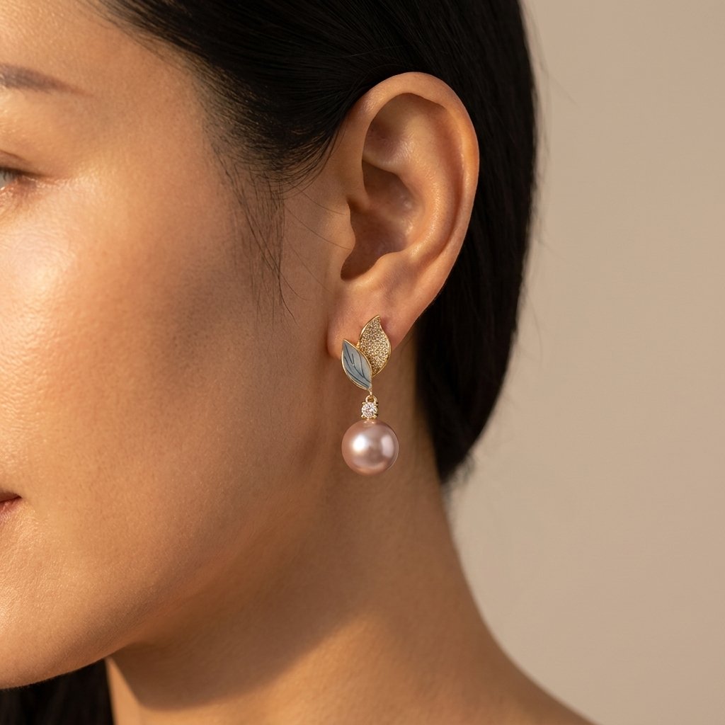 Gold Leaf Pearl Drop Dangle Earrings