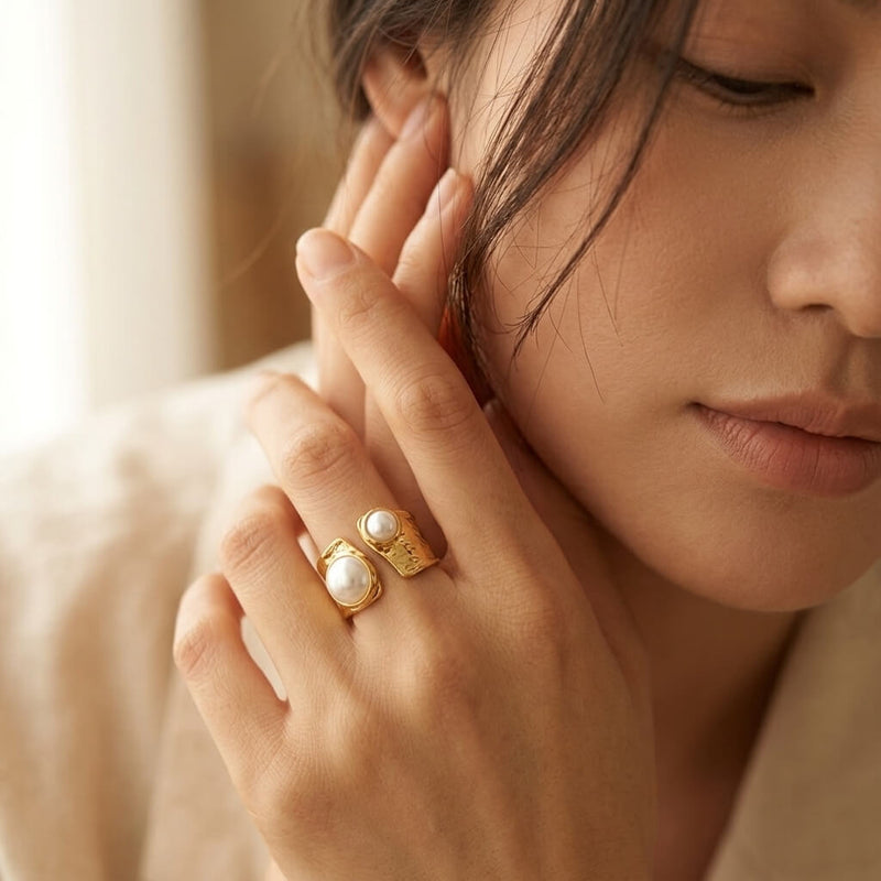 Gold Pearl Double Round Ring