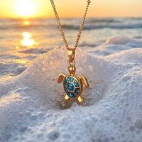 Gold Sea Turtle Necklace with Blue Opal & Crystal Waves