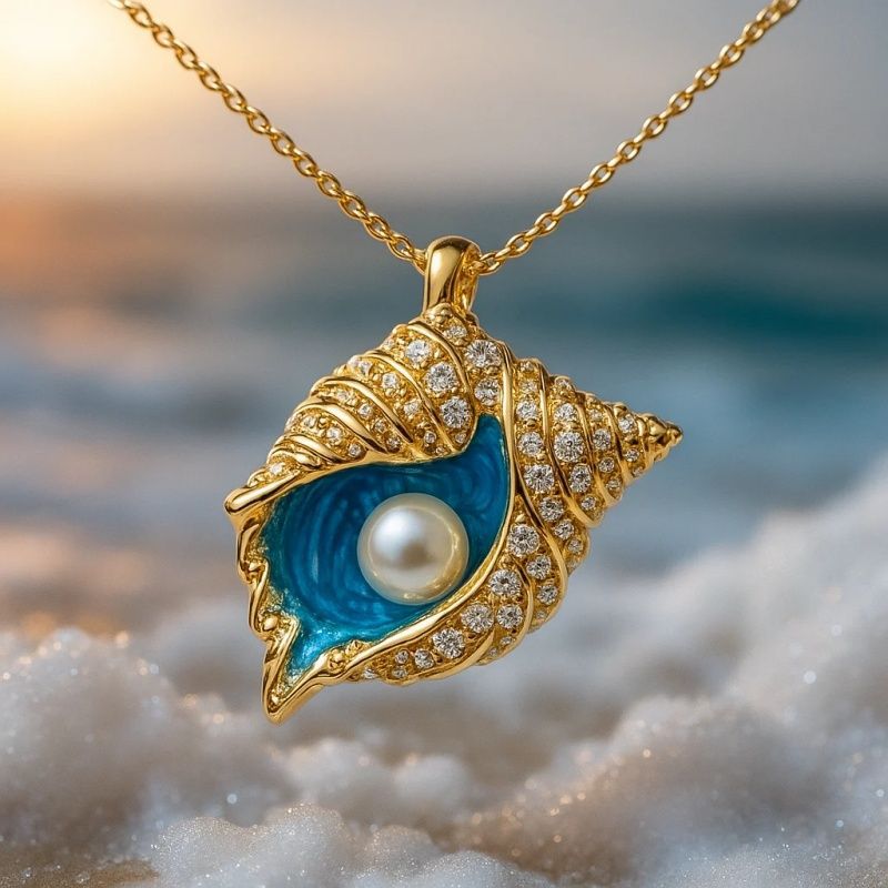 Gold Seashell Necklace with Pearl & Blue Enamel Detail