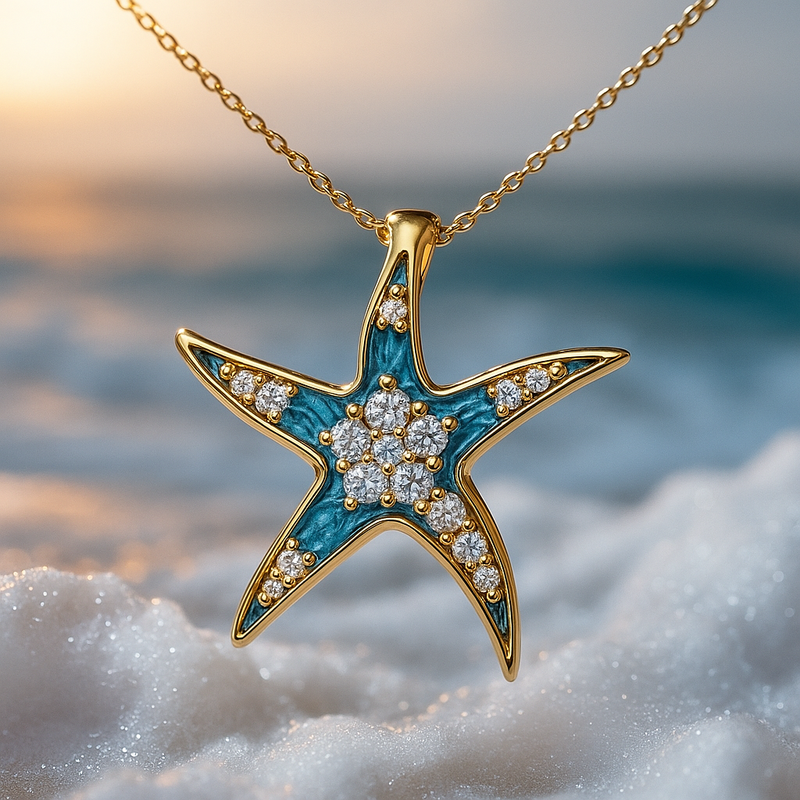 Gold Starfish Necklace with Blue Opal & Crystal Sparkle