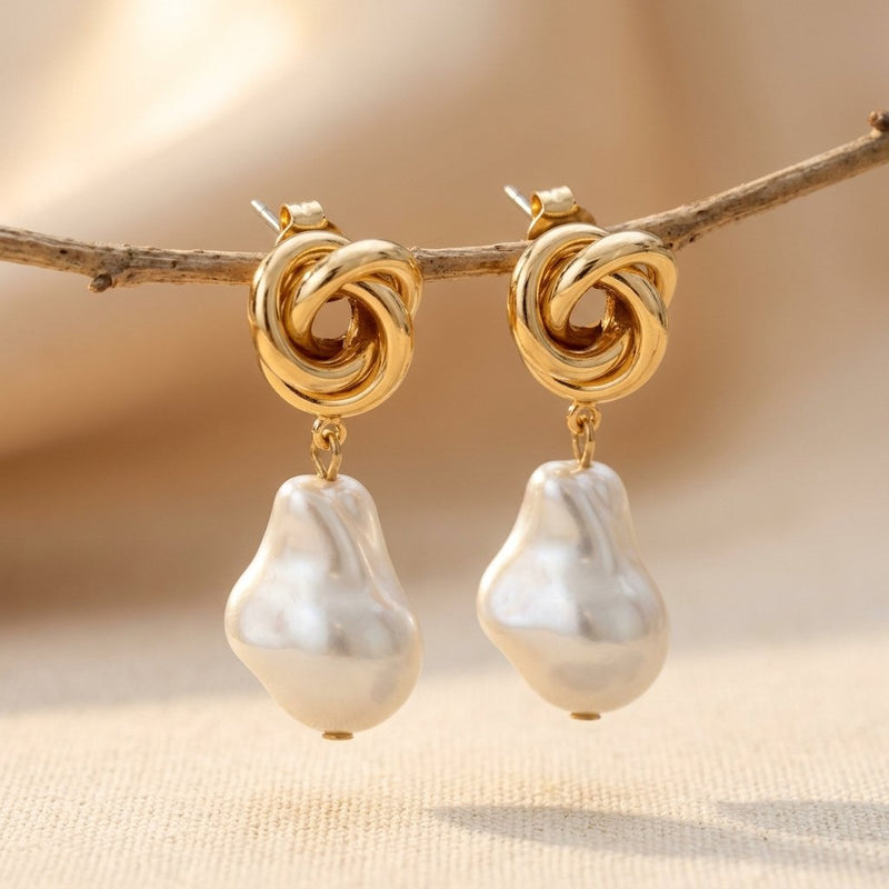 Gold Twisted Knot Baroque Pearl Drop Earrings